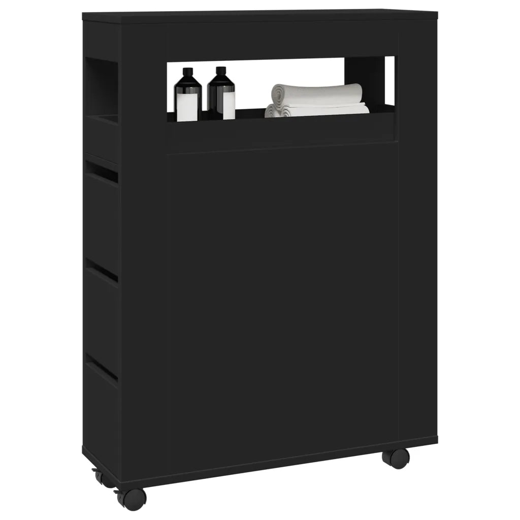 Mobile da Bagno | Armadio da bagno Stretto con Ruote Nero in Truciolato