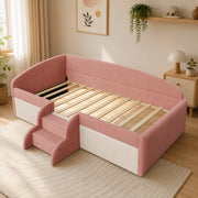 Letto imbottito 90x190 cm con gradini e sponde in velluto rosa e bianco crema