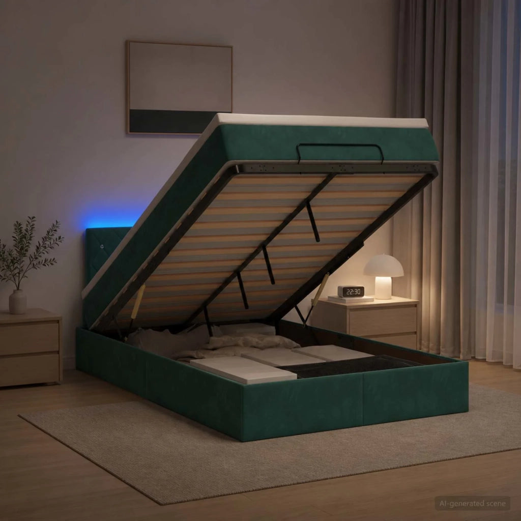 Letto Ottomano con Materasso e LED Verde Scuro 120 x 190 cm 3457056