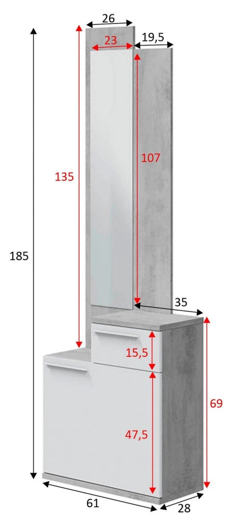 Mobile da ingresso Azzurro, Scarpiera multifunzione con specchio, Armadio a 1 anta e 1 cassetto, 61x28h185 cm, Cemento e Bianco lucido