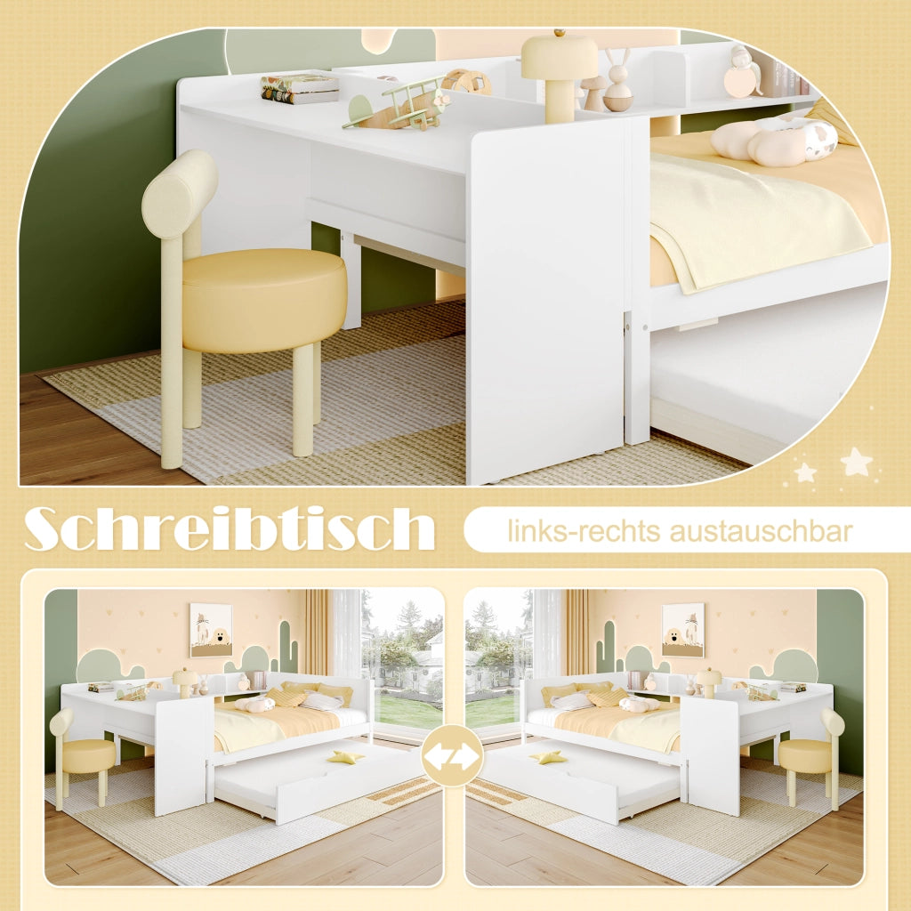 OKWISH Letto combinato 140×200 cm, Letto Matrimoniale con Scrivania, Letto estraibile 90×190 cm, Mensole e Comodino, senza Materasso, Bianco