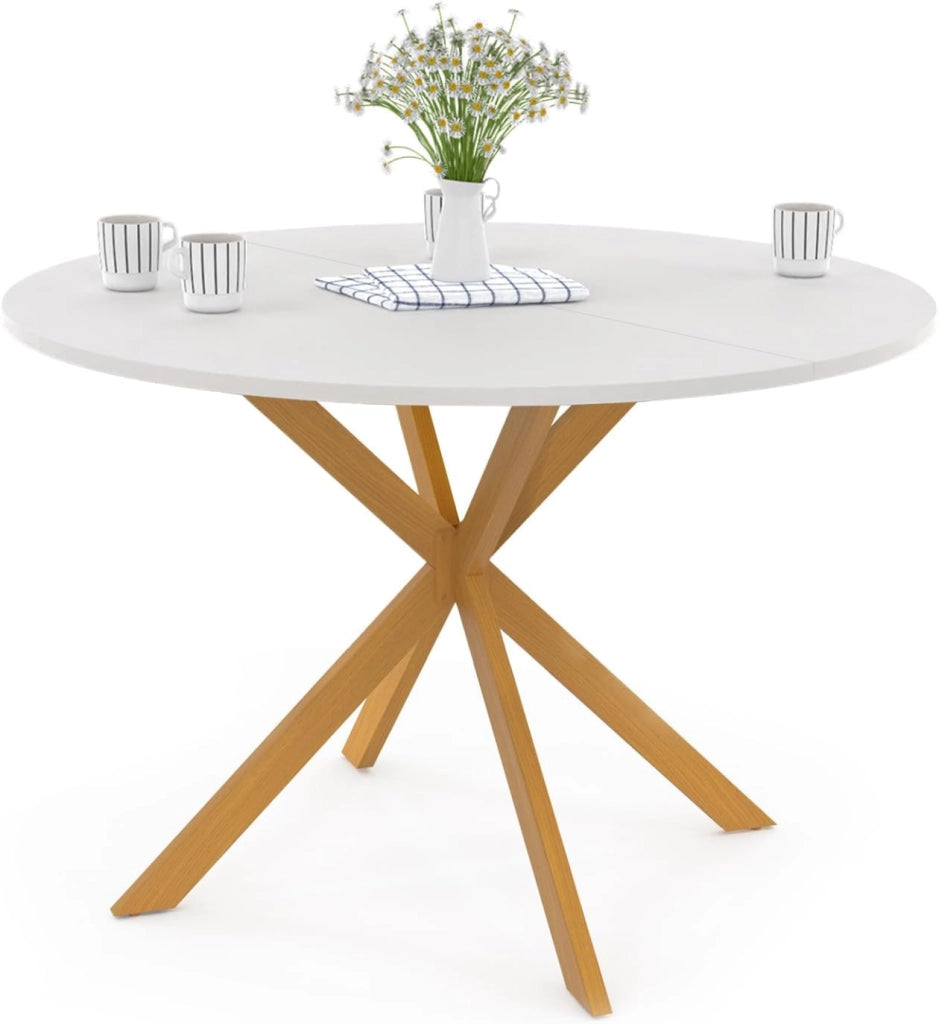 Tavolo da pranzo rotondo GISELE per 6 persone, gamba a ragno in legno, piano bianco 110 cm