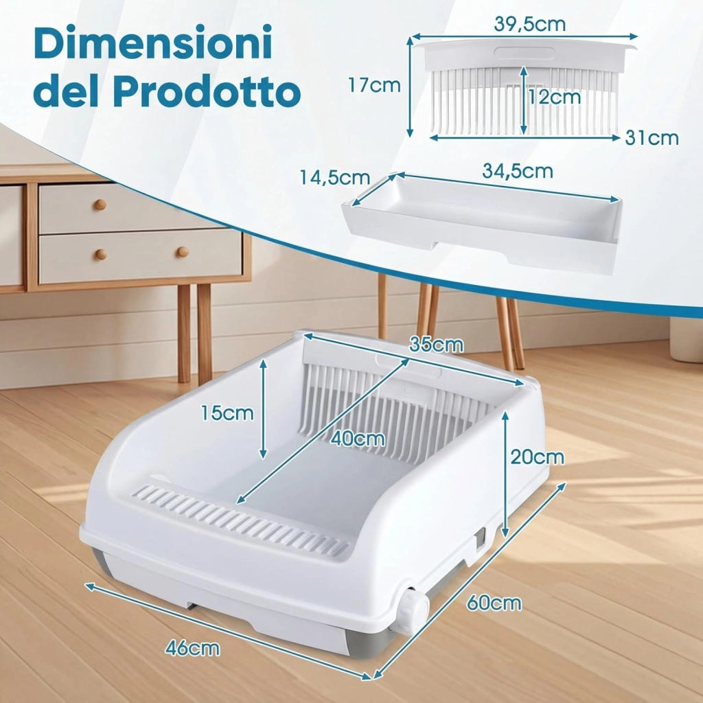 Lettiera per Gatti Semi-Automatica a Tetto Aperto, Toilette Antischizzo con Vassoio Estraibile a Cassetto, Paletta Scorrevole e Pedale Filtra Sabbia, Lettiera per Gatti fino a 10 kg (Bianco)