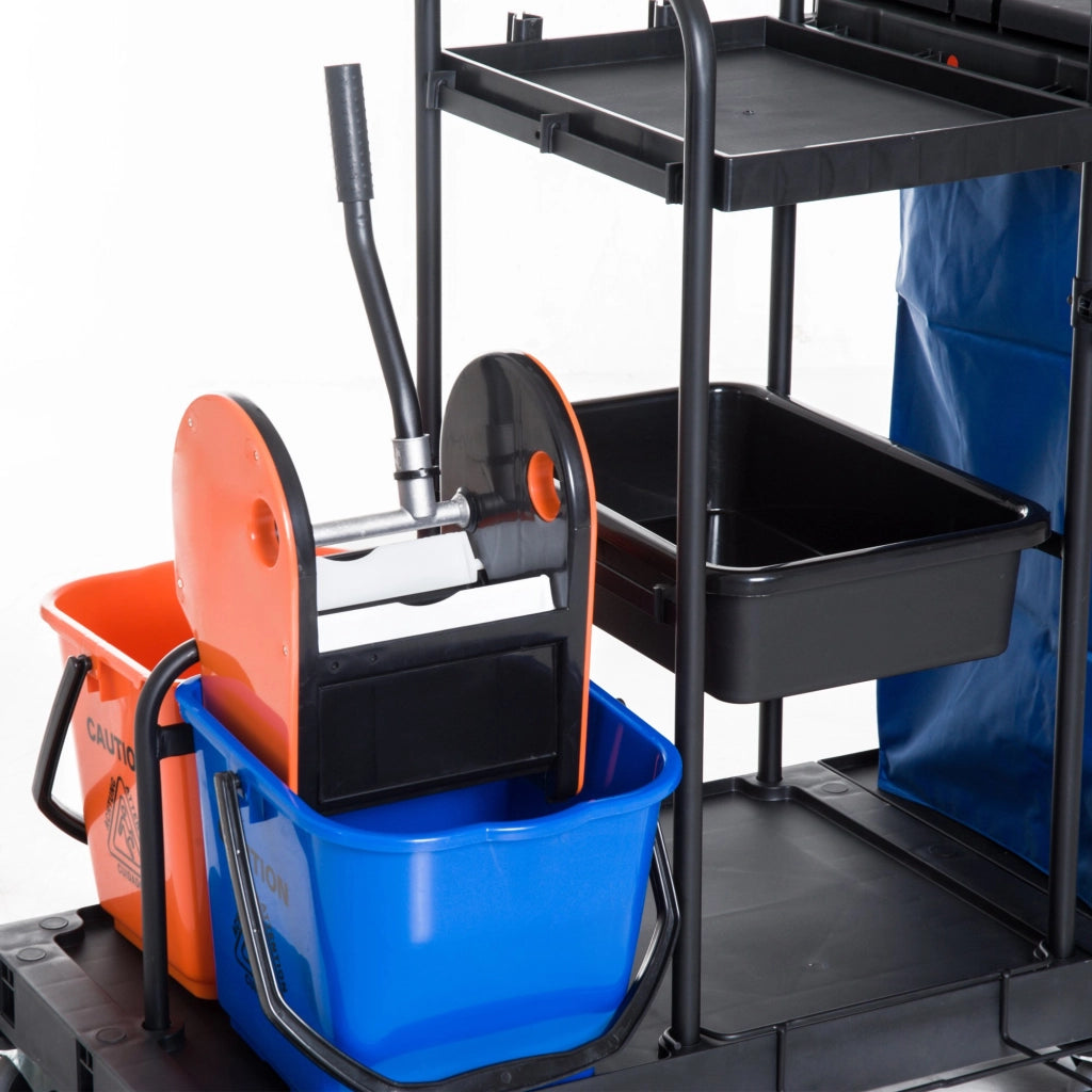 EasyComfort Carrello Pulizie Professionale a 3 Ripiani con Sacco per Immondizia, Ganci per Scopa, Secchio Lavapavimenti con Strizzatore per Mocio e 5 Ruote, per Hotel e Albergo, 111x63.3x103 cm, Nero