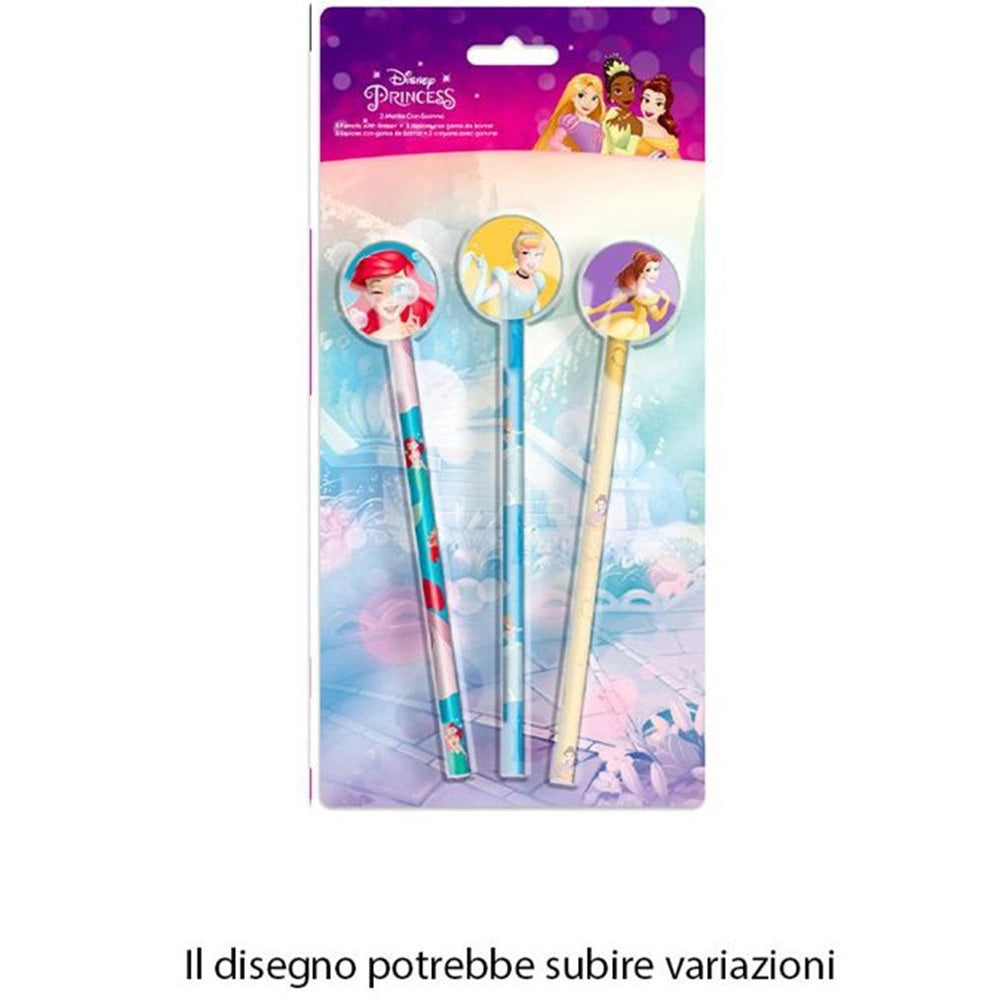 Trade Shop - Set 3 Pz Matite Con Gomma Tema Principesse Accessori Per Disegno Scuola Bambine 955517 -