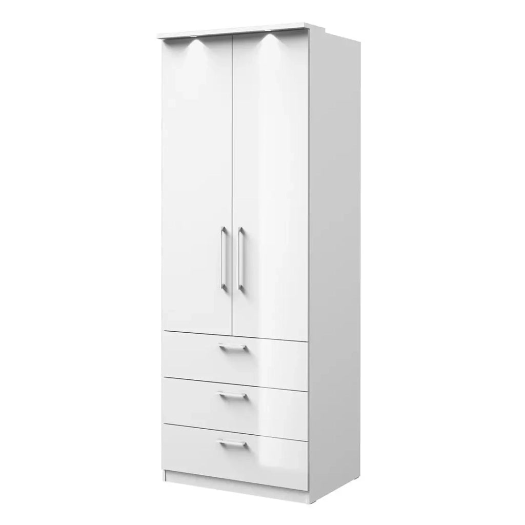 Cabina armadio completa collezione MODULO colore bianco con LED, pannelli di finitura e pacchetti di ripiani inclusi.