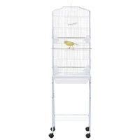 Gabbia per Uccelli, Voliera in Metallo e Acciaio con Ruote, Trespoli e Ciotole, 46.5x36x157cm, Bianco