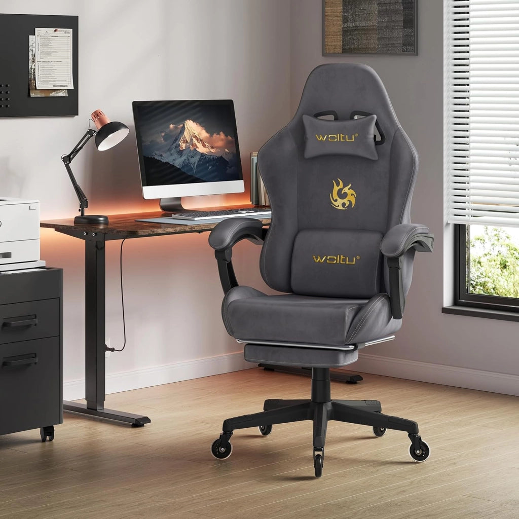 Sedia da gaming, Sedia Gaming Ergonomica con Ruote Silenziose, Altezza e Inclinazione Regolabile, con Braccioli Sincronizzati e Poggiapiedi, in Tessuto Scamosciato, Grigio