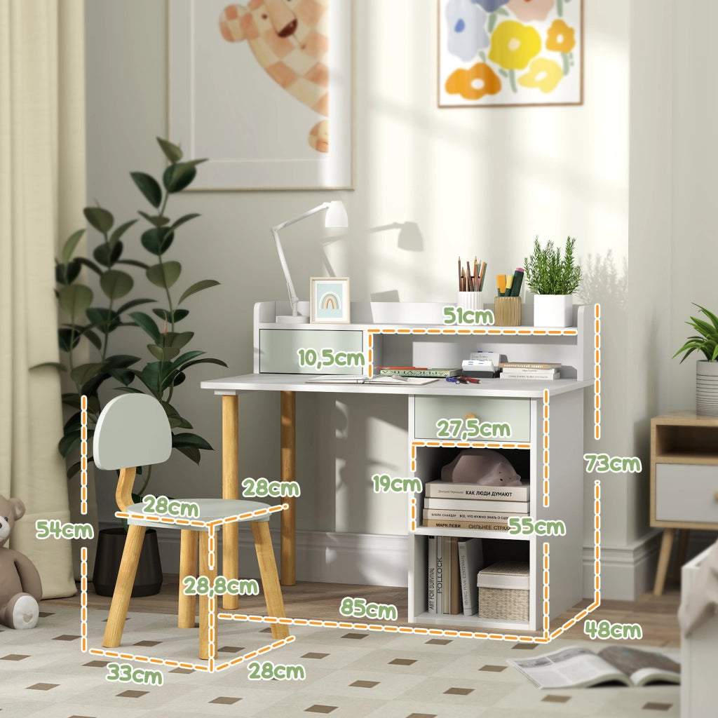 Scrivania per bambini con sedia e scaffale ¨C zephmum ¨C verde, legno, 85x48x73 cm