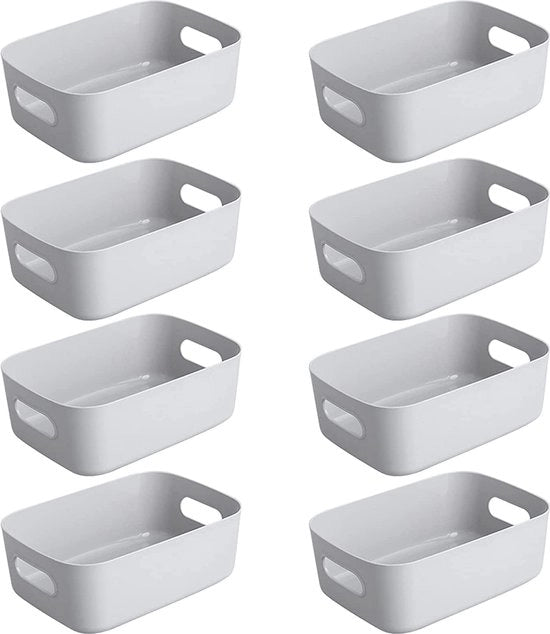 Set di 8 scatole di archiviazione, box organizzatrice con maniglie (design originale), piccola scatola in plastica, bianca, per la casa, contenitore di archiviazione pratico, scatola di archiviazione per la bagno, 20 x 14 x 7,5 cm