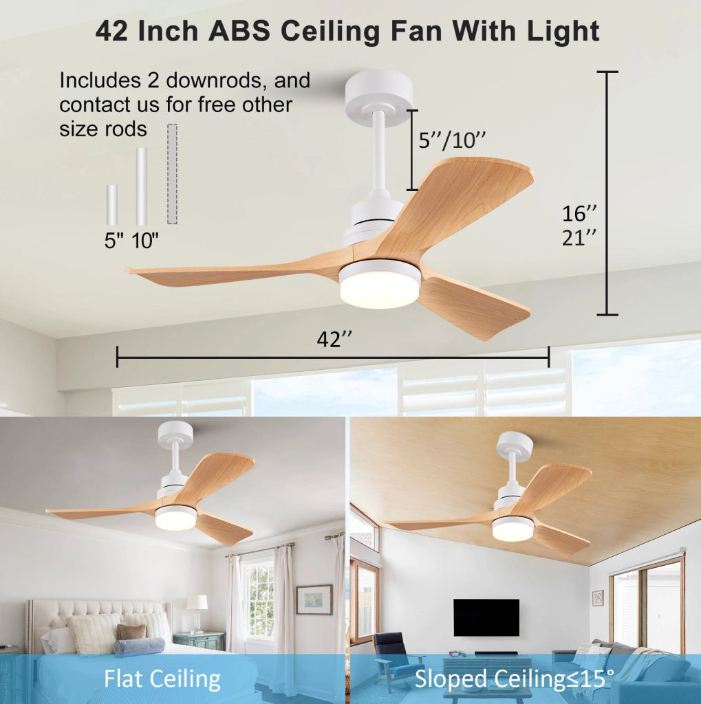 Ventilatore da soffitto 42 pollici con luce LED; 3 pale in ABS bianco e naturale; telecomando