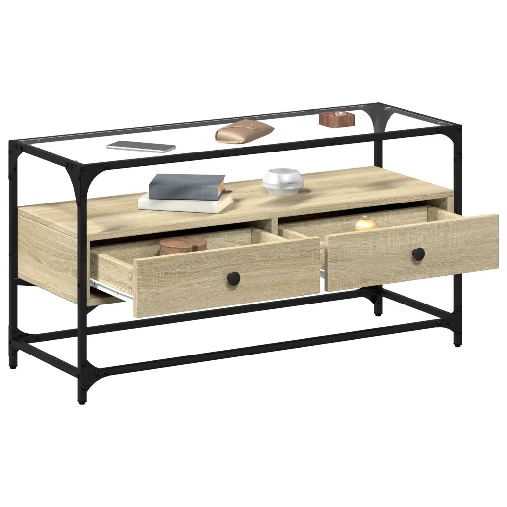 Mobile TV Piano-Credenza per TV-Console TV Vetro Rovere Sonoma 98x35x51 Legno Multistrato