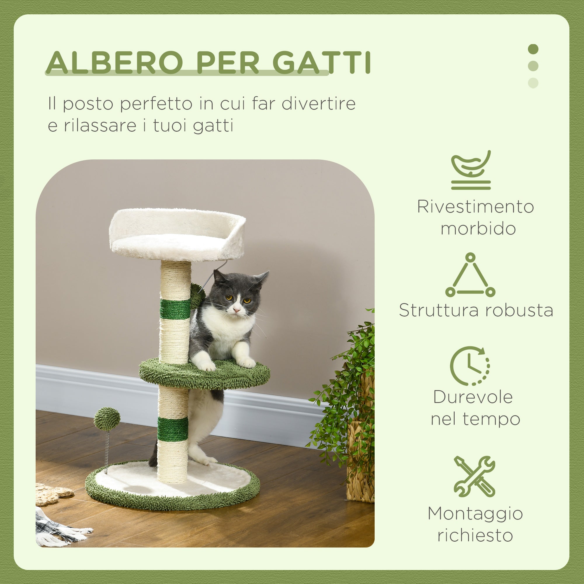 Albero Tiragraffi per Gatti con Lettino Piattaforma e Palo Sisal Verde e Bianco