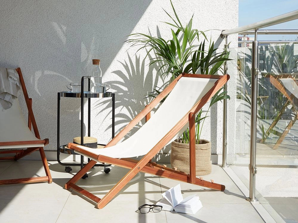 Set di 2 sedie a sdraio da giardino con seduta in tessuto bianco sporco e struttura in legno di acacia scuro sdraio reclinabili e pieghevoli