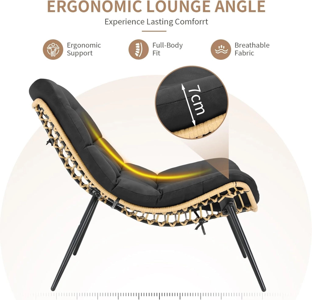 Sedia a sdraio con sgabello, in rattan, resistente alle intemperie, fino a 120 kg, poltrona da balcone con cuscino rimovibile, cuscino impermeabile, per giardino, balcone, soggiorno, cortile