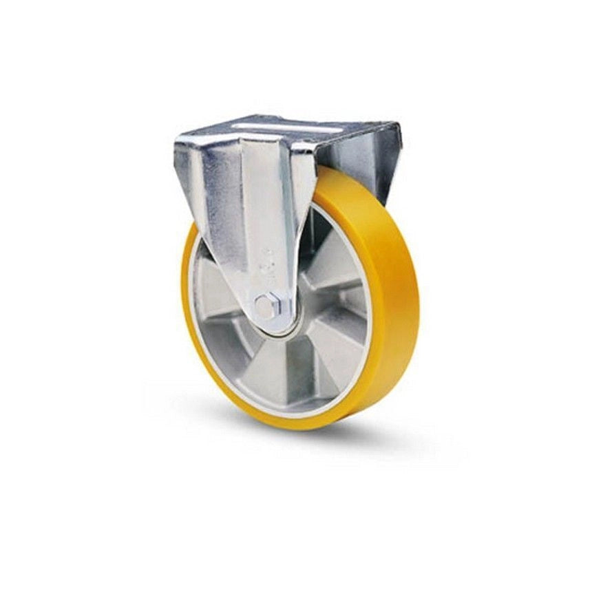 AVO 8703 Ruota Fissa in Poliuretano Avolan Diametro 150 mm Larghezza Fascia 40 mm Supporto in Acciaio Zincato Cuscinetto a Sfera colore Giallo
