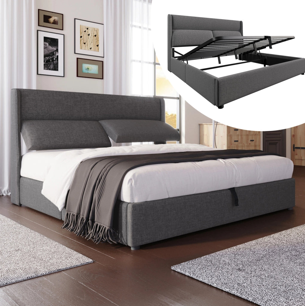 Letto matrimoniale con contenitore 180x200 cm; testiera regolabile in lino grigio