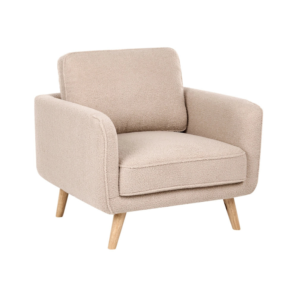 Poltrona beige in bouclé con gambe in legno di quercia stile tradizionale per soggiorno