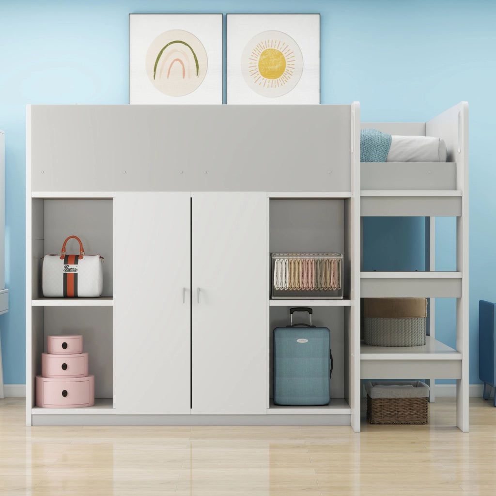 Letto a Soppalco Singolo con Armadio; Scaffali e Scala 90 x 200 cm; senza Materasso; in Legno; Grigio