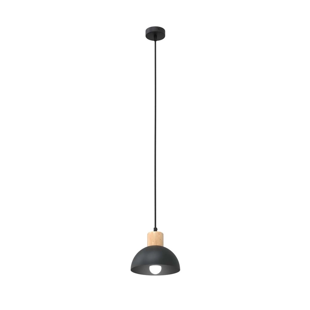Sospensione Nordica 1 Luce Thoth In Acciaio Nero A Cupola E Legno Naturale