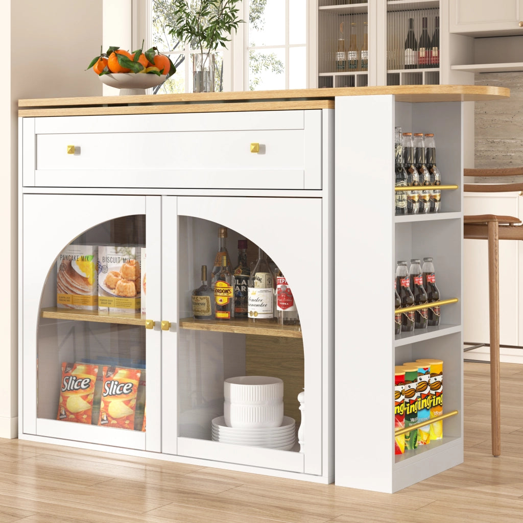 Tavolo da Pranzo con Scaffale a 3 Livelli; Ante in Vetro e Rotazione 360; in MDF; 138-204x39x104 cm; Bianco