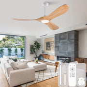 Ventilatore da soffitto 52 pollici con luce LED; 3 pale in legno massello; bianco e naturale