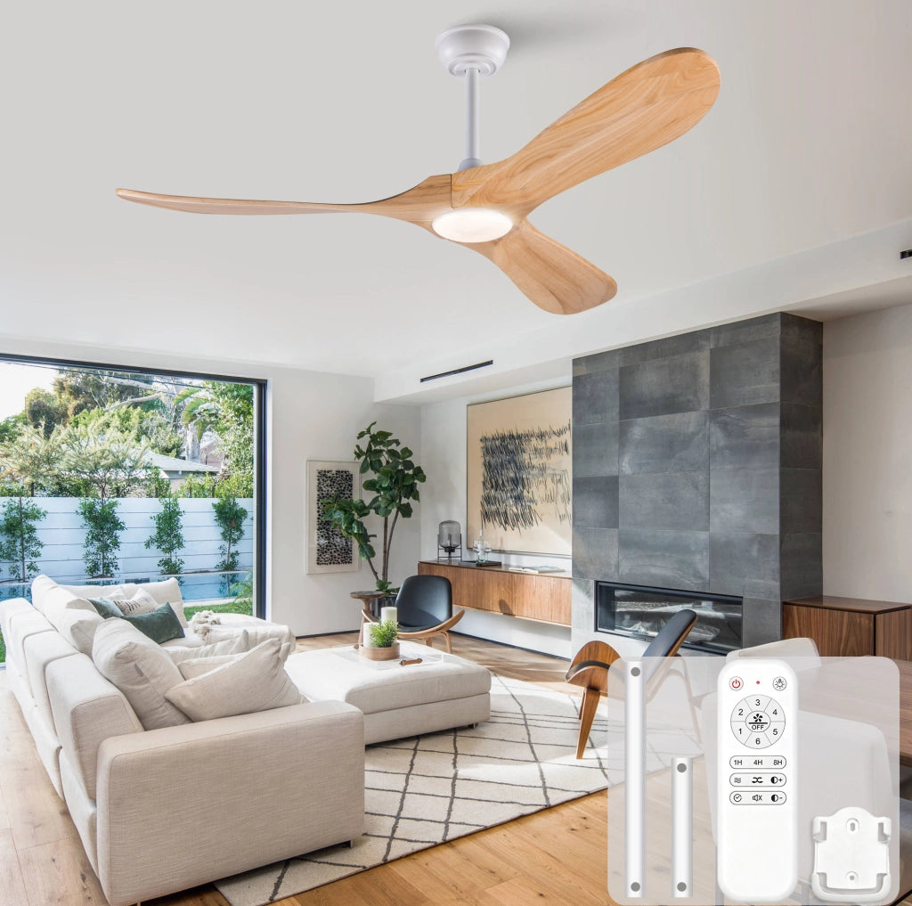 Ventilatore da soffitto 52 pollici con luce LED; 3 pale in legno massello; bianco e naturale