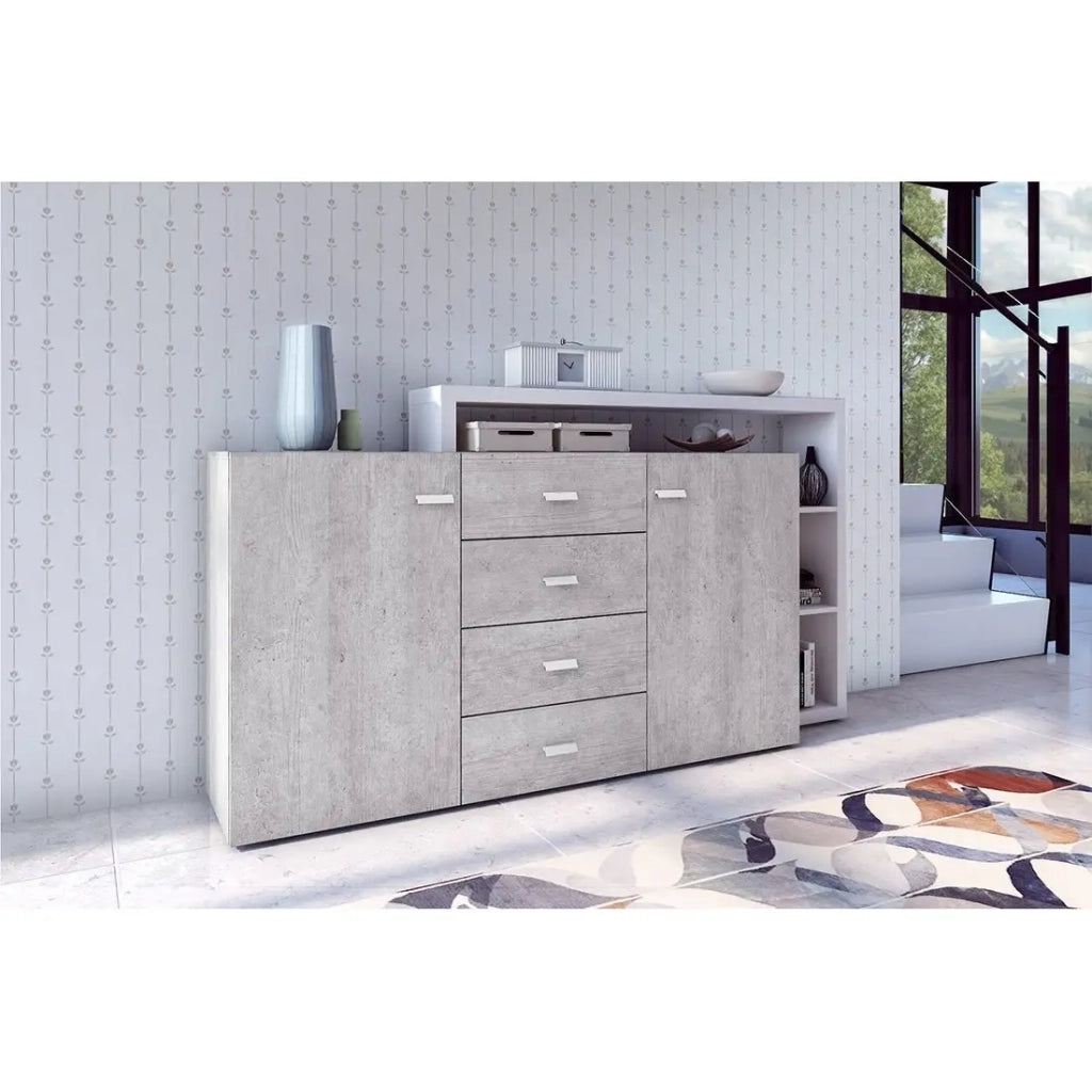 Credenza con scaffale integrato collezione BERGAMO 180cm. Colori grigio e bianco. Stile design.