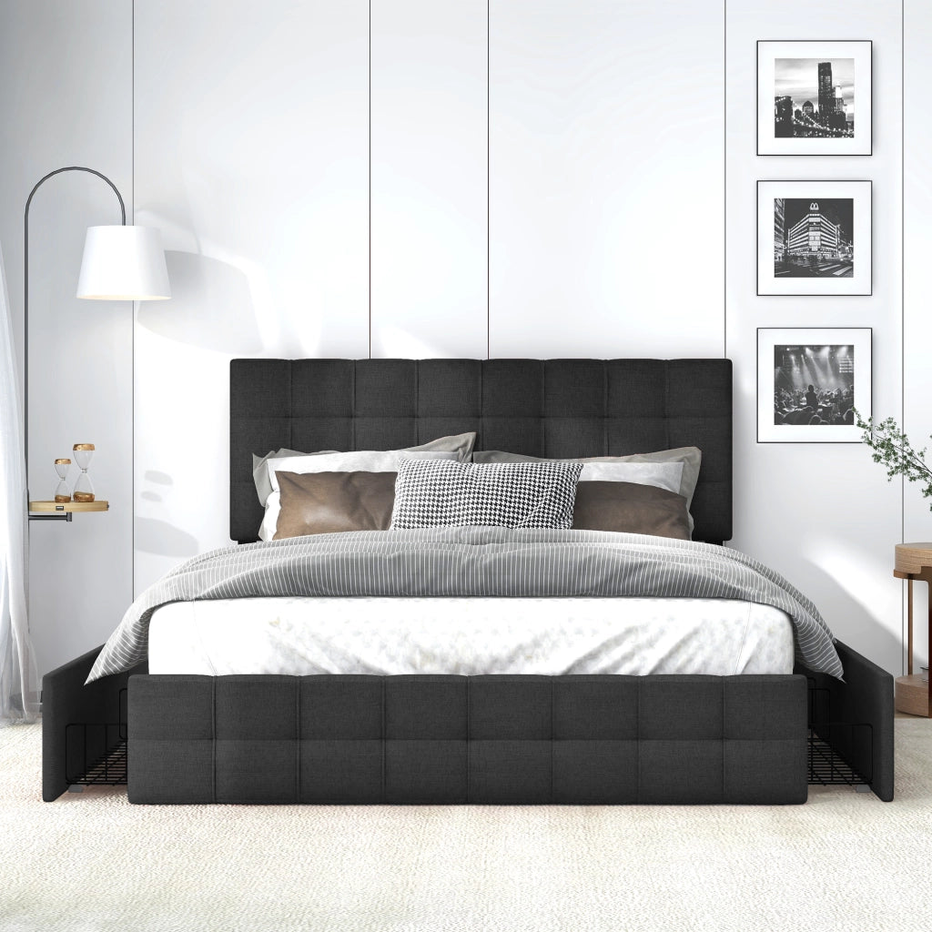 Letto matrimoniale imbottito con 4 cassetti, rete a doghe in acciaio e testiera regolabile 140x200 cm, nero
