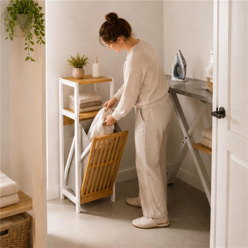 MOBILE DA BAGNO IN LEGNO CON ANTA E RIPIANO IN BAMBOO E PORTABIANCHERIA IN TESSUTO - COLORE BIANCO DIMENSIONI 36X33X98 CM