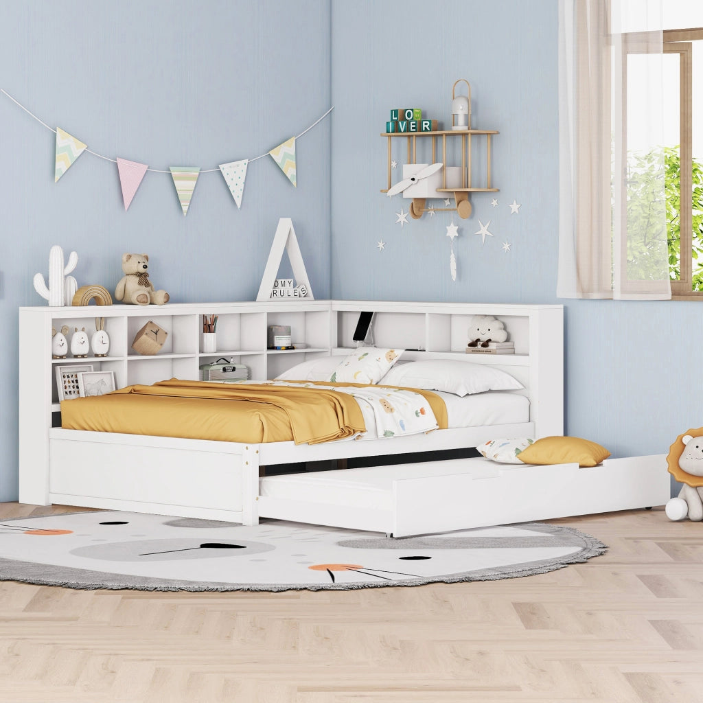 OKWISH Letto a Scomparsa 140×200 cm e 90×190 cm, Letto 3 Posti con USB, Vani Portaoggetti e Contenitori, senza Materasso, in Legno, Bianco