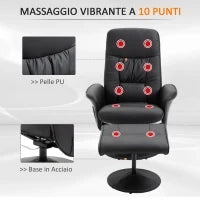 Poltrona Massaggiante con Pouf Poggiapiedi, Reclinabile a 145° con Seduta Girevole e 10 Punti Massaggio, Nero