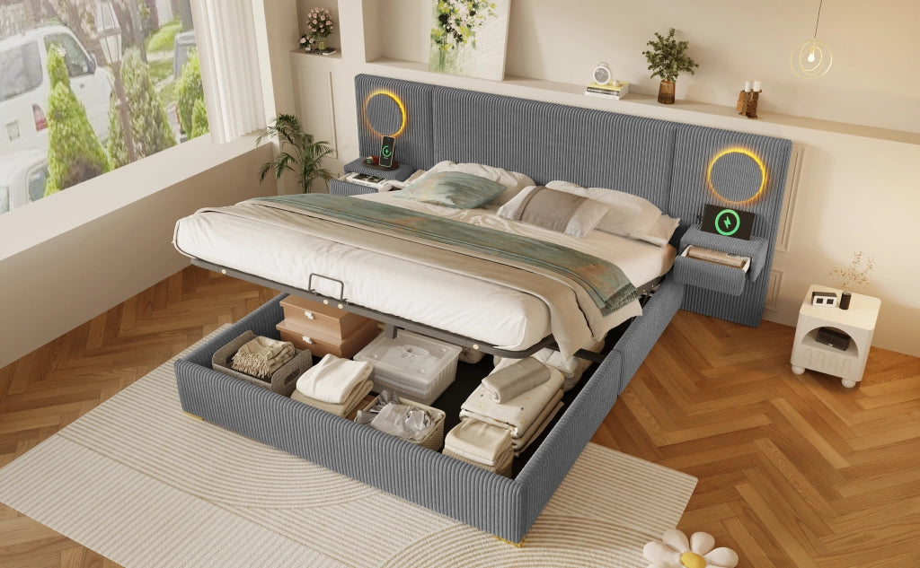 Letto matrimoniale 180 × 200 cm con contenitore idraulico, LED e USB, senza materasso, in velluto, grigio