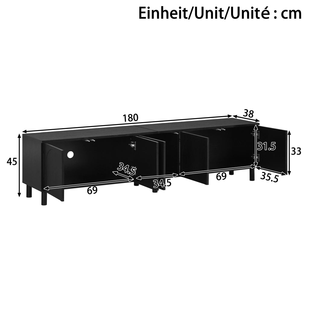 Mobile TV con 5 ante e passacavi; per soggiorno; in MDF; 180×38×45 cm; nero