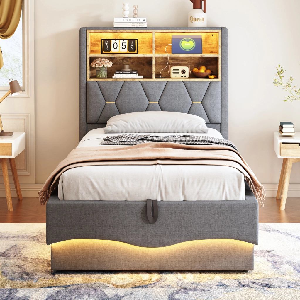 Letto per bambini e ragazzi 90x200 cm con LED; USB e contenitore; grigio in lino