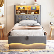 Letto per bambini e ragazzi 90x200 cm con LED; USB e contenitore; grigio in lino