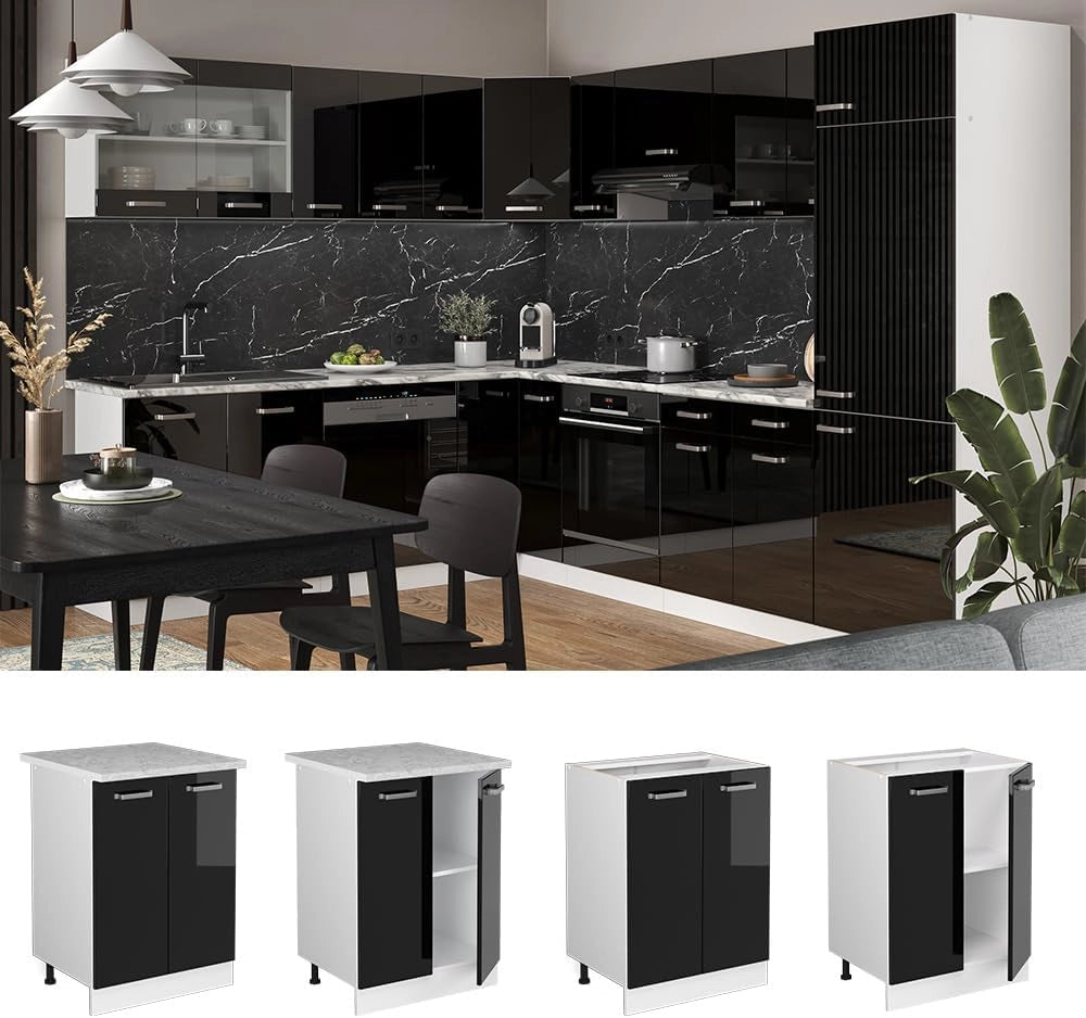 Mobiletto base cucina R-Line, Nero lucido, 60 cm senza piano di lavoro, per la libera combinazione all'interno di sistemi cucina modulari