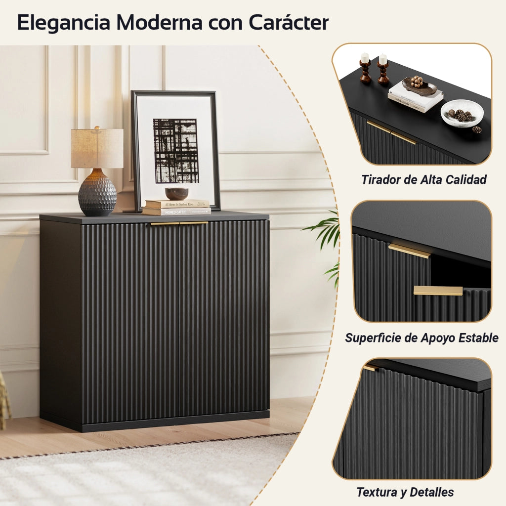 Credenza a 2 ante con ripiani e vano aperto; per soggiorno; in MDF; 80×40×80 cm; nera