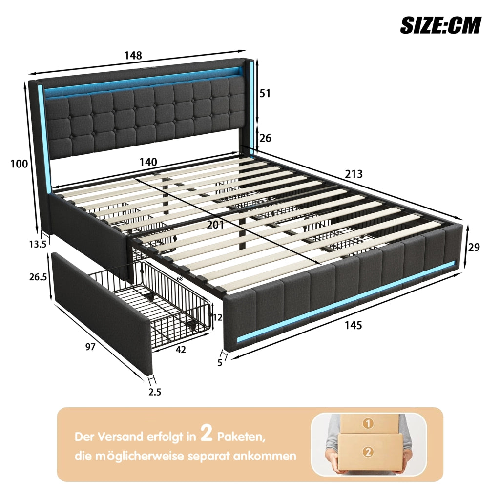 Letto 140x200 cm con cassetti; LED e USB; grigio scuro