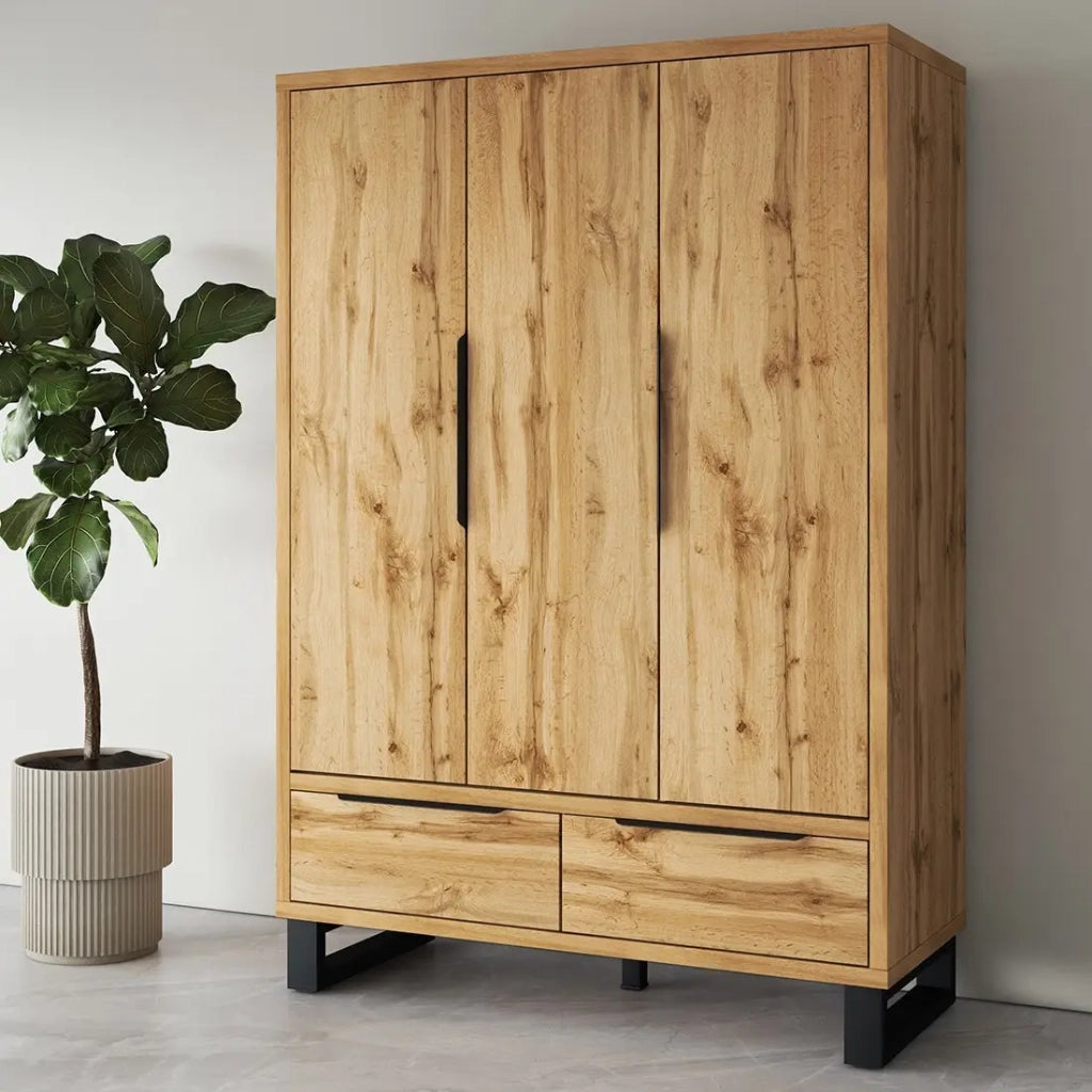 Armadio in legno stile Scandinavo 150cm con 3 porte e 2 cassetti colore rovere grezzo. Collezione MILOS