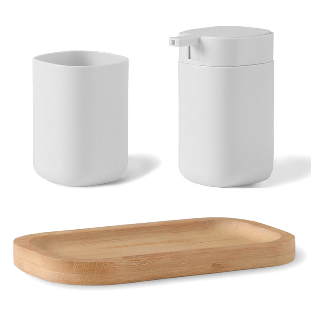 Set accessori bagno 3 pz bianco con vassoio in bambù - Taki
