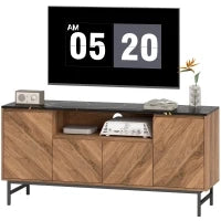Mobile TV in legno con vano aperto e passacavi, effetto marmo, 140x39x66cm, Marrone