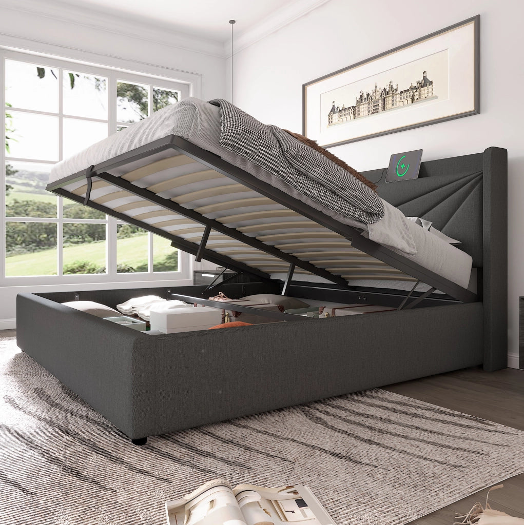 Letto matrimoniale imbottito con contenitore, USB e USB-C, 160x200 cm