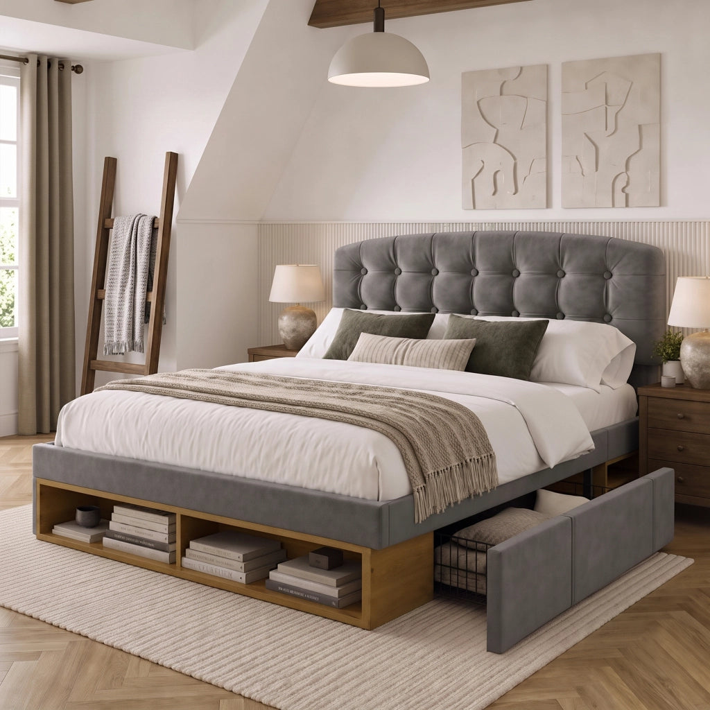 Letto matrimoniale – 140x200 cm – testiera regolabile cassetti – velluto grigio