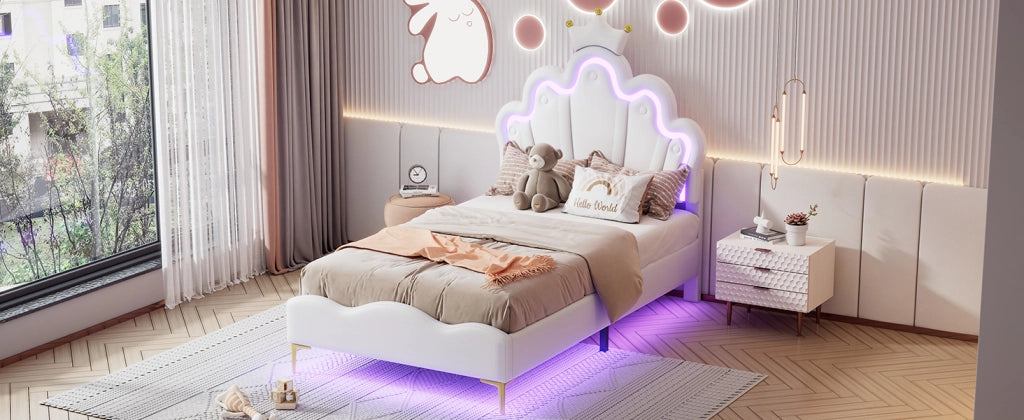 DESMIU Letto singolo 1 posto con LED regolabile e testiera regolabile 90 × 200 cm, senza materasso, bianco