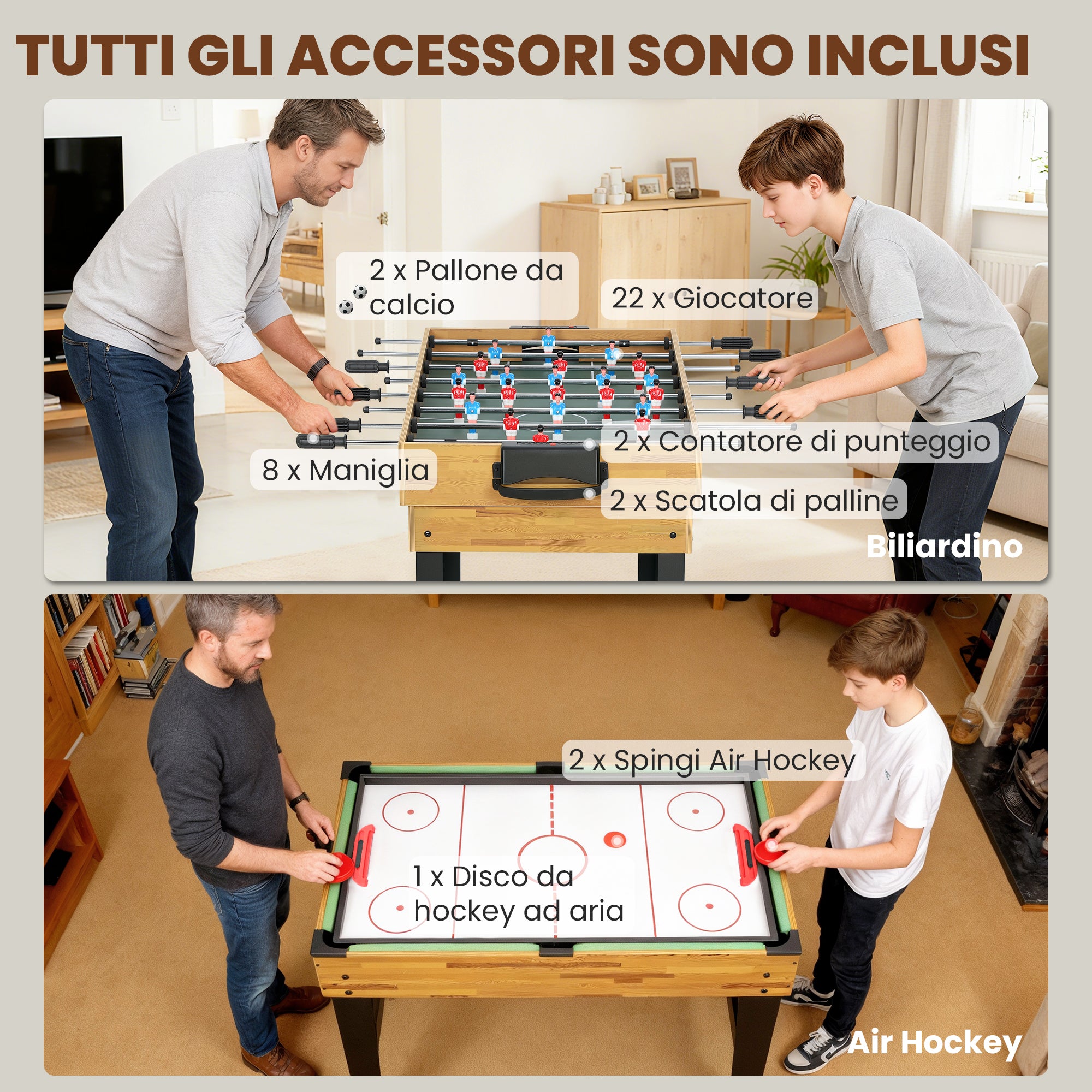 Tavolo da Gioco 13 in 1 con Calciobalilla Ping Pong Air Hockey Biliardo Scacchi e Altri Noce