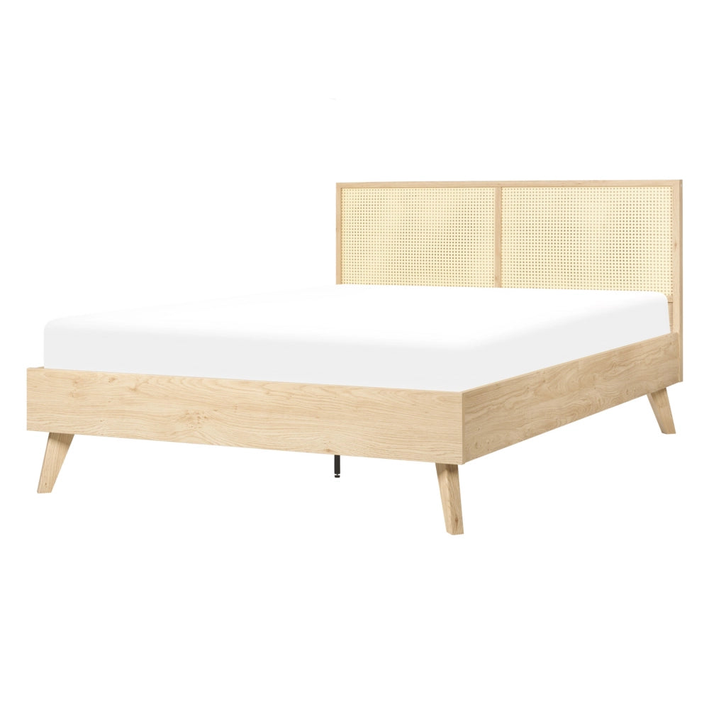 Letto matrimoniale legno di pioppo chiaro con testiera in vimini 140 x 200 cm camera da letto moderna boho minimalista