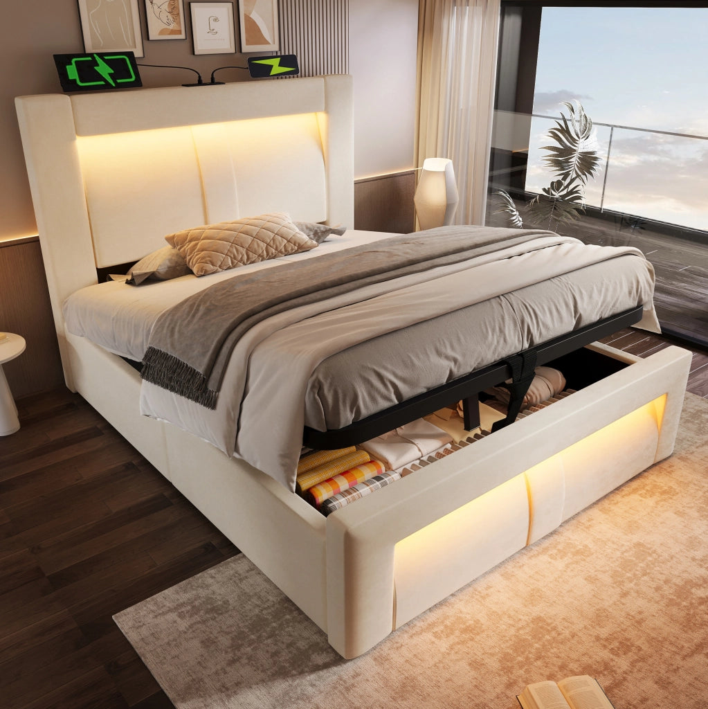 Letto singolo 90x200 cm con contenitore; LED; USB e Type-C; testiera curva in velluto beige
