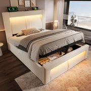 Letto singolo 90x200 cm con contenitore; LED; USB e Type-C; testiera curva in velluto beige