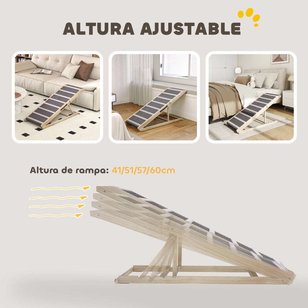 Rampa per Cani Pieghevole ¨C Xylo ¨C Regolabile 41-60 cm, Legno con Tappetino Antiscivolo